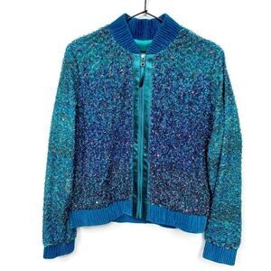 NWT Elie Tahari Sequin Leather Bomber Jacket Mermaidcore Metallic Blue S